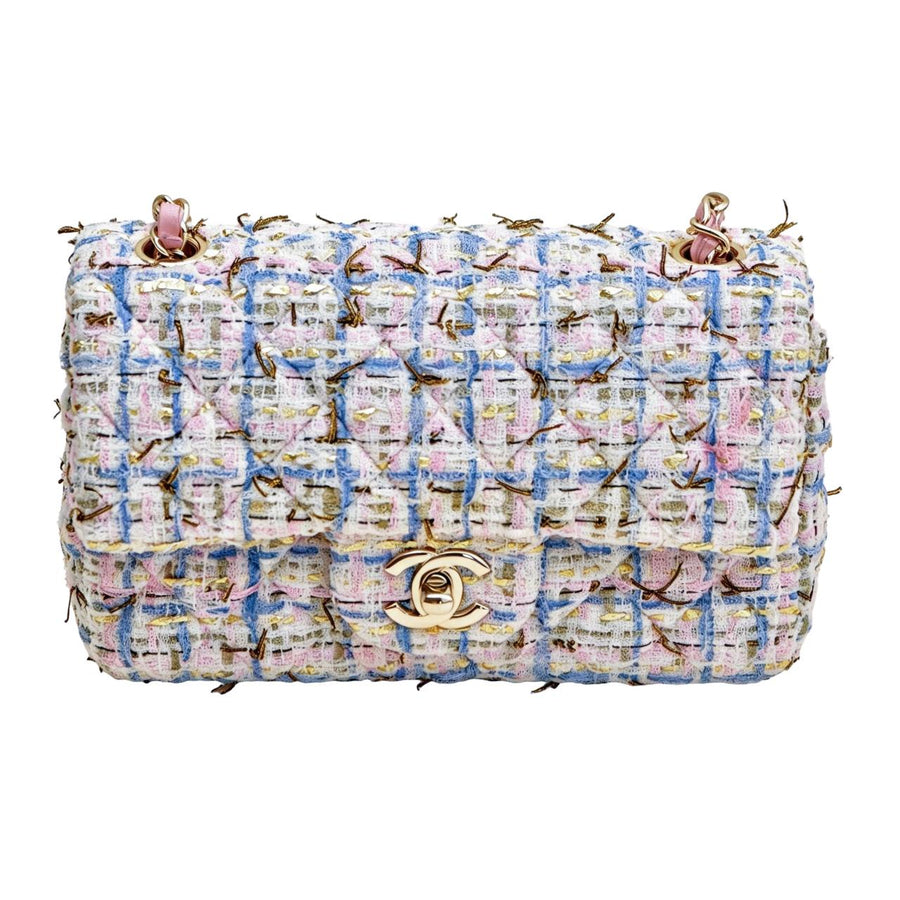 Preowned Authentic Chanel Classic Double Flap Mini Bag Pink Tweed GHW