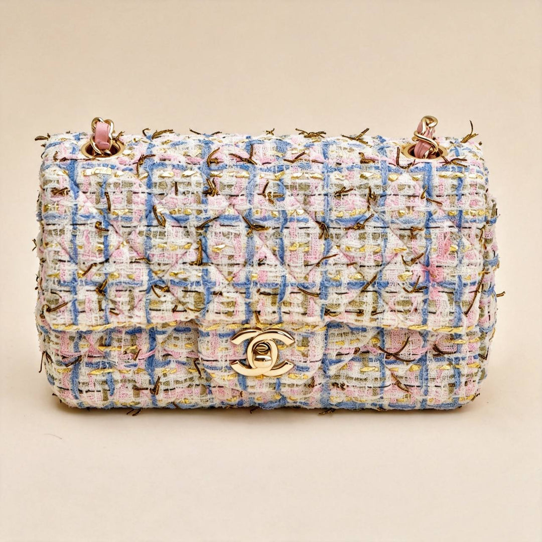 Authentic Chanel Classic Double Flap Mini Bag Pink Tweed GHW
