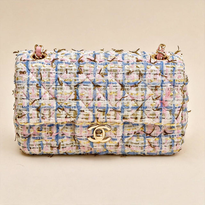 Authentic Chanel Classic Double Flap Mini Bag Pink Tweed GHW