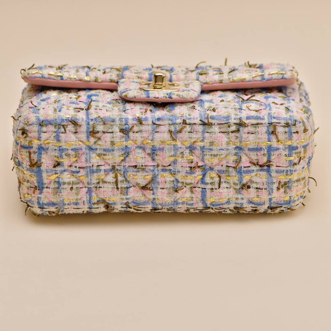 Preowned Chanel Classic Double Flap Mini Bag Pink Tweed GHW