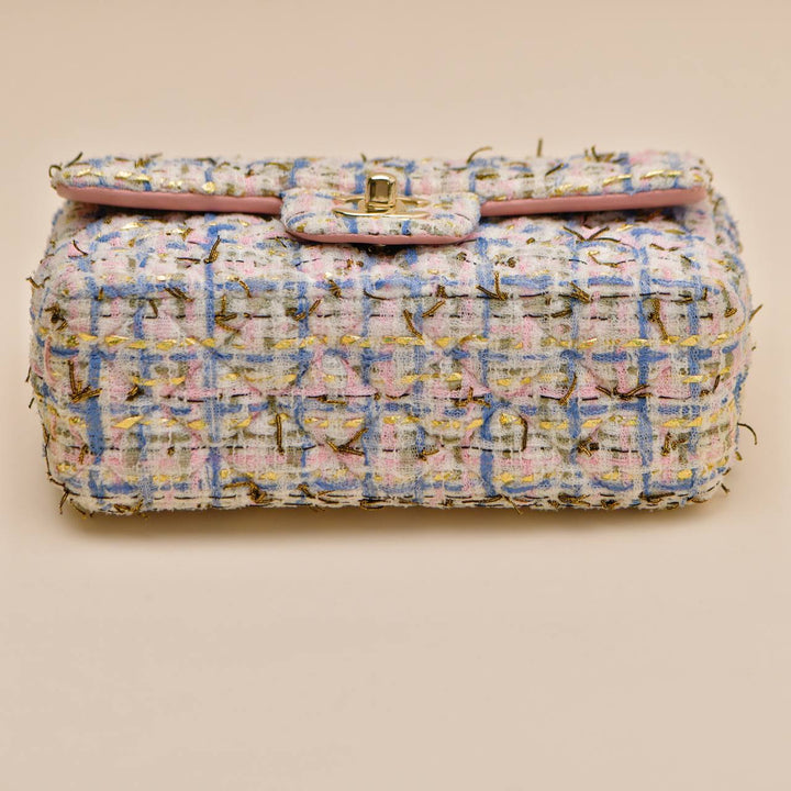 Preowned Chanel Classic Double Flap Mini Bag Pink Tweed GHW