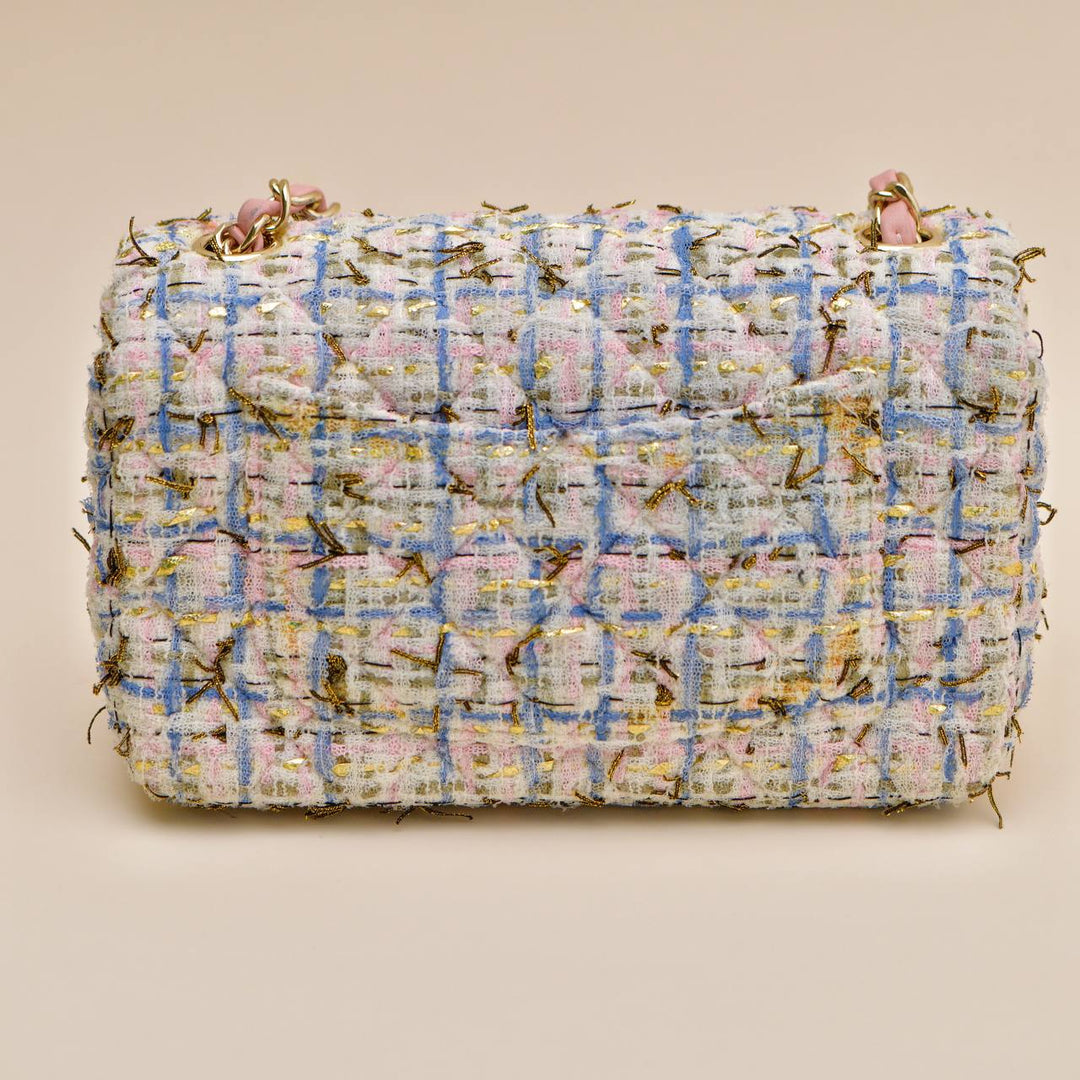 Second Hand Authentic Chanel Classic Double Flap Mini Bag Pink Tweed GHW
