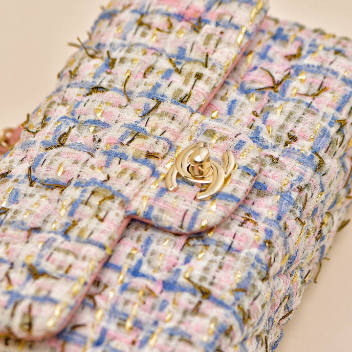 Second Hand Chanel Classic Double Flap Mini Bag Pink Tweed GHW