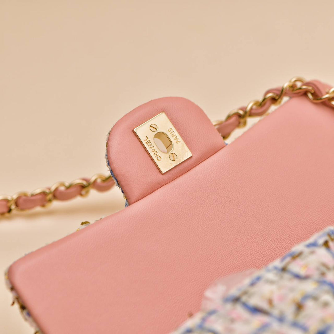 Second Hand Authentic Chanel Classic Double Flap Mini Bag Pink Tweed GHW