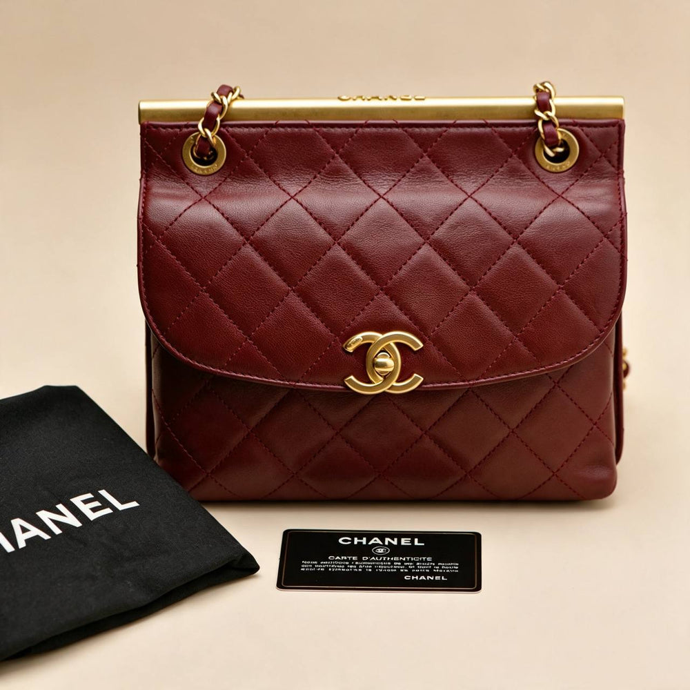 Preowned Authentic Chanel Double Sided Metal Frame Flap Bag Quilted Lambskin Gold Hardware