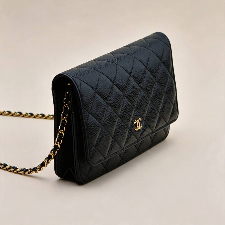 Preloved Chanel Classic Wallet on Chain Black Grained Calfskin GHW