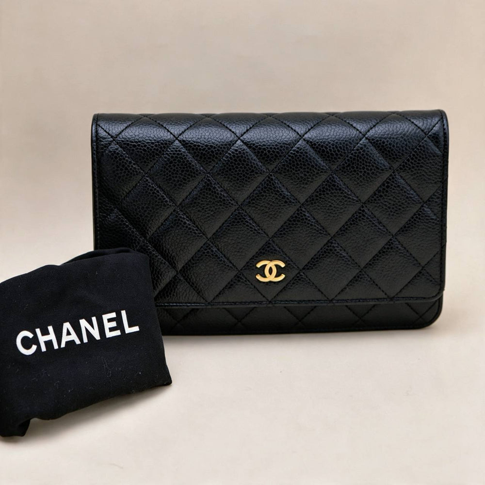 Preowned Authentic Chanel Classic Wallet on Chain Black Grained Calfskin GHW