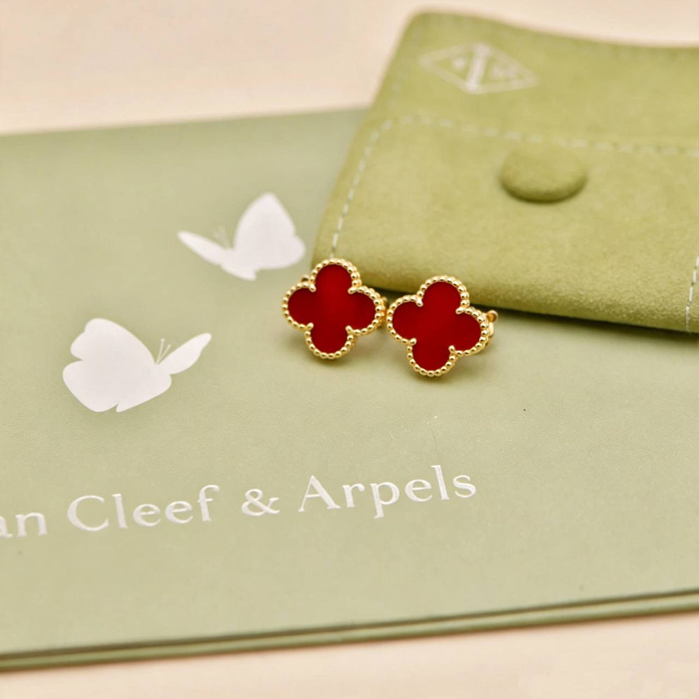 Preowned Authentic Van Cleef & Arpels Vintage Alhambra Carnelian Earrings 18K Yellow Gold