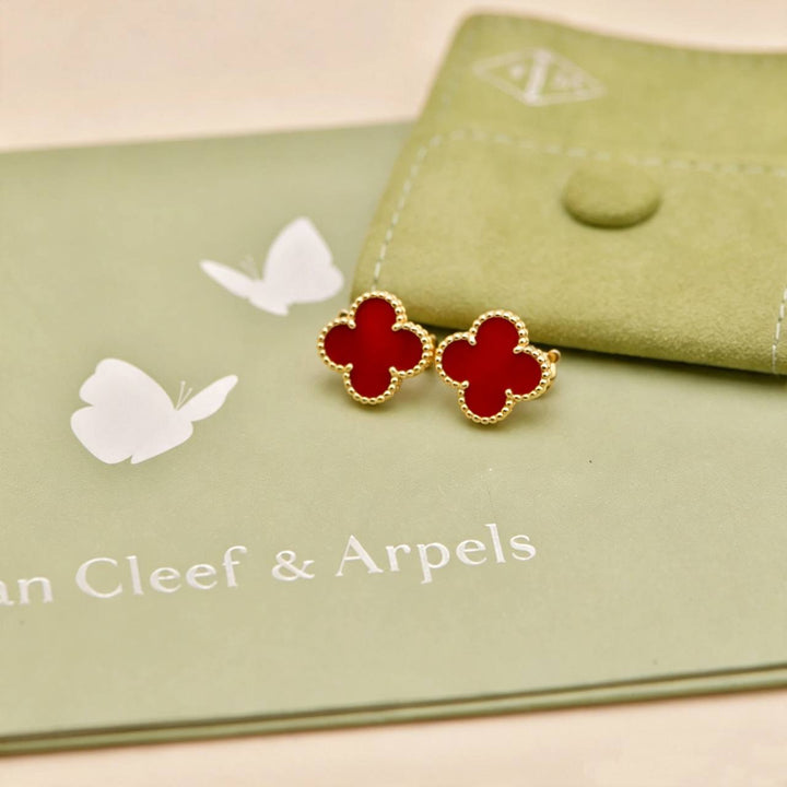 Preowned Authentic Van Cleef & Arpels Vintage Alhambra Carnelian Earrings 18K Yellow Gold