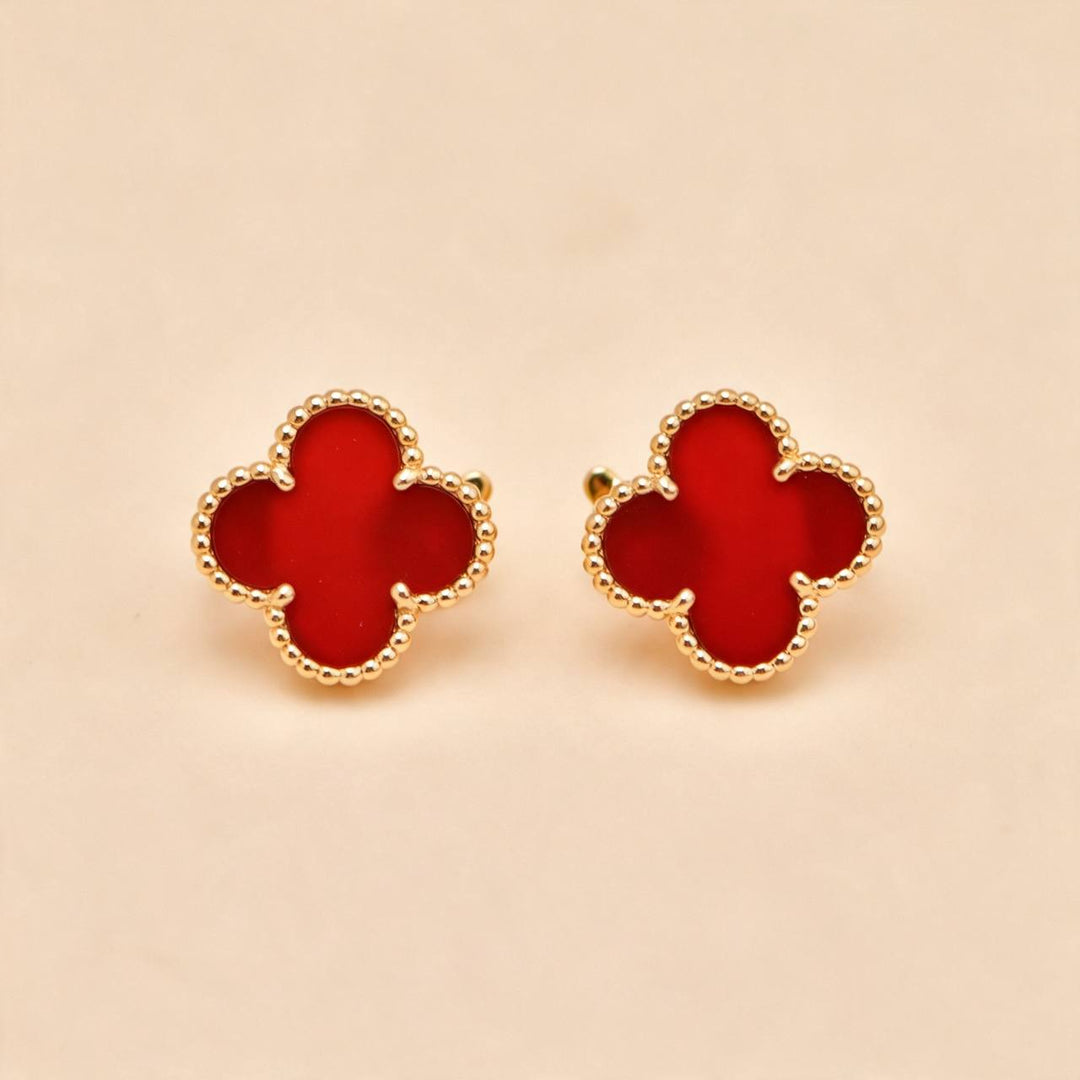 Second Hand Authentic VCA Vintage Alhambra Carnelian Earrings 18K Yellow Gold