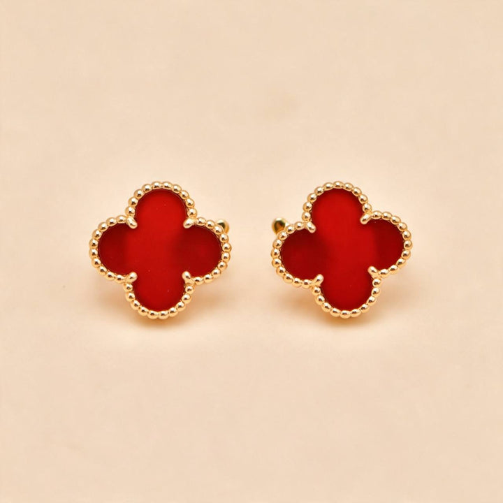 Second Hand Authentic VCA Vintage Alhambra Carnelian Earrings 18K Yellow Gold