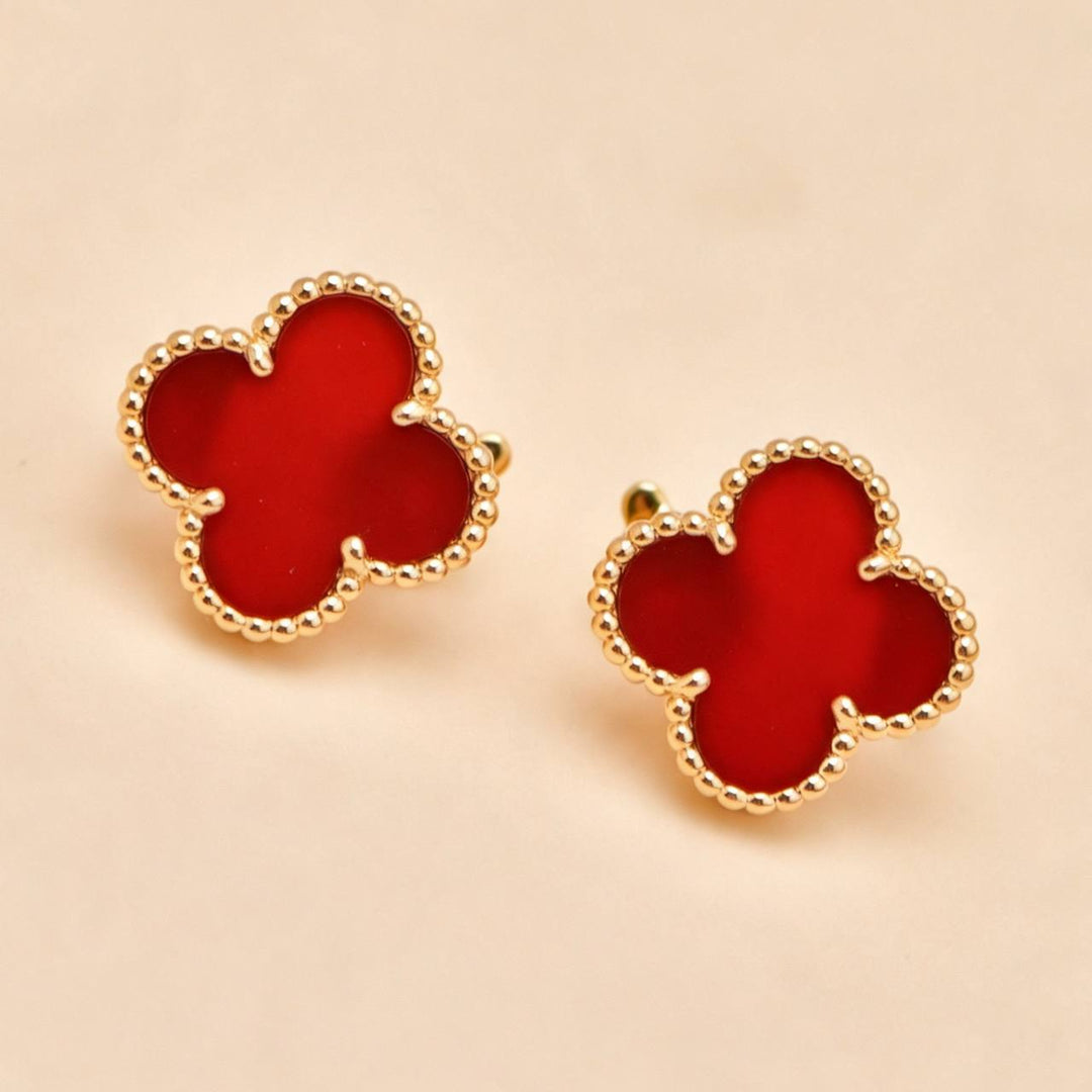Preowned Authentic Van Cleef Vintage Alhambra Carnelian Earrings 18K Yellow Gold