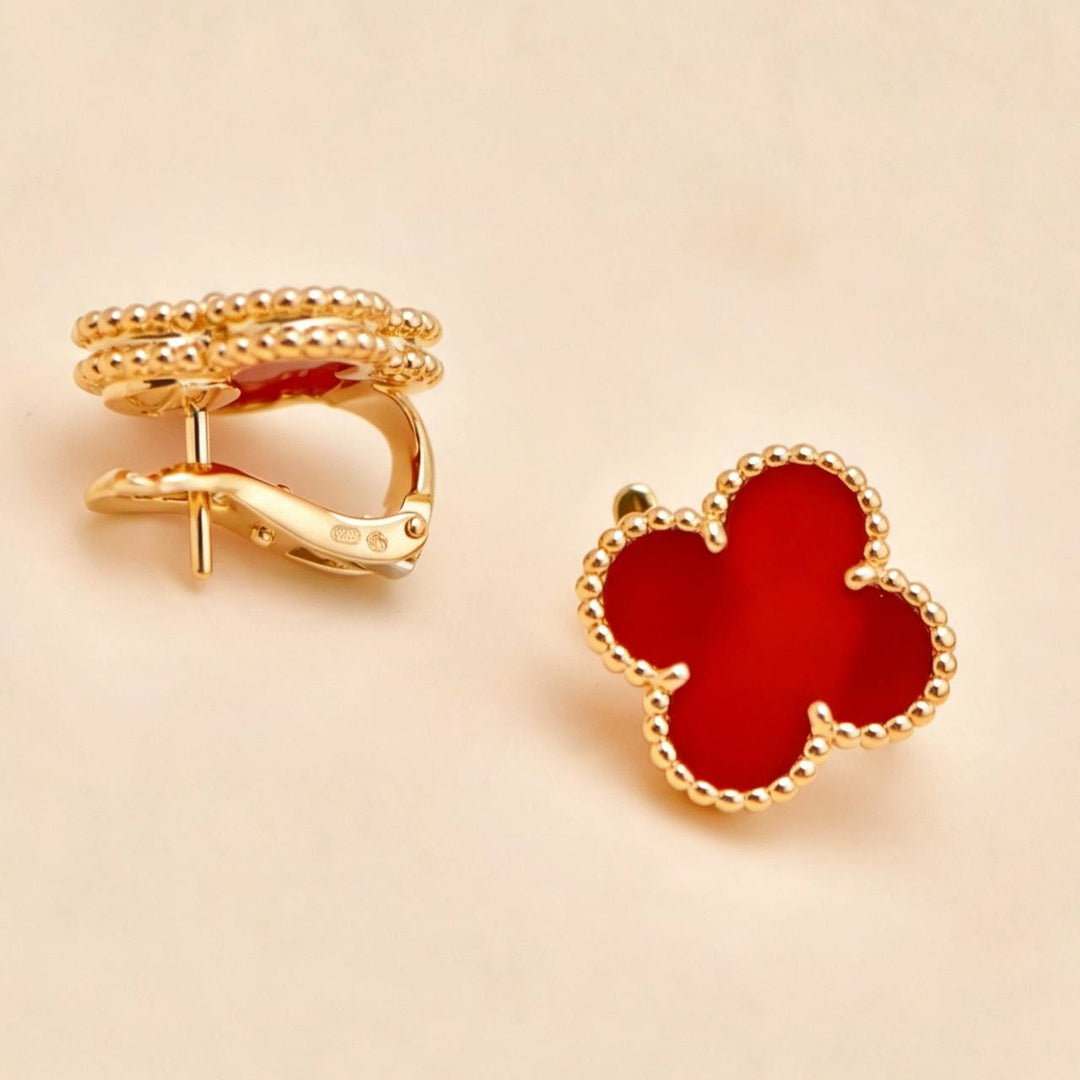 Preloved Authentic VCA Vintage Alhambra Carnelian Earrings 18K Yellow Gold