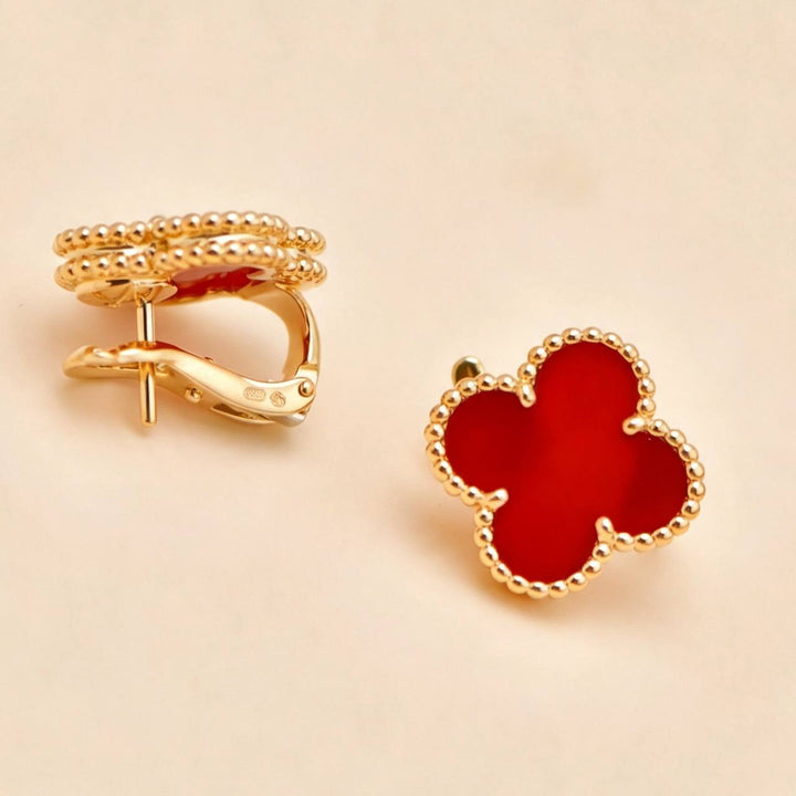 Preloved Authentic VCA Vintage Alhambra Carnelian Earrings 18K Yellow Gold
