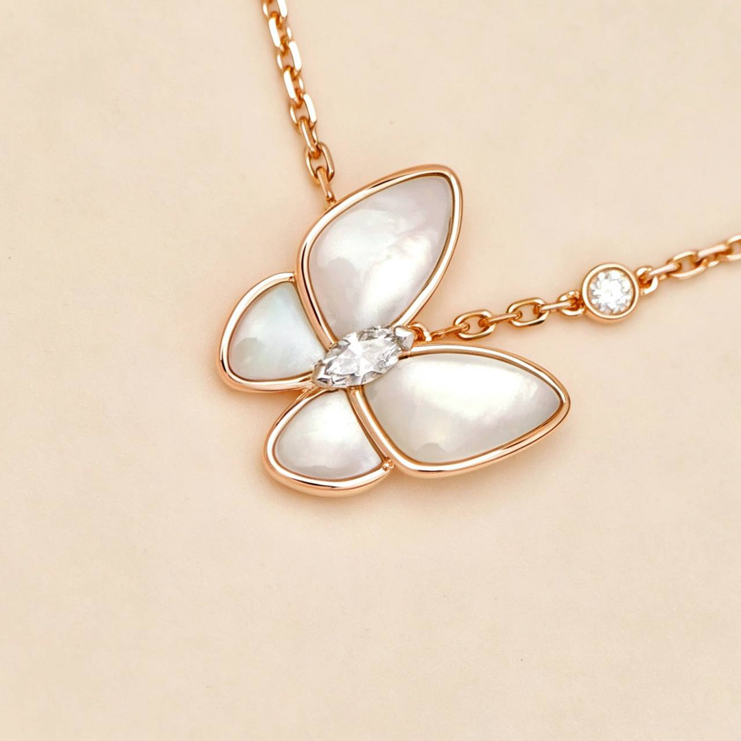 Preowned Authentic Van Cleef Two Butterfly Pendant Diamond Mother of Pearl