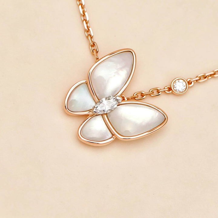 Preowned Authentic Van Cleef Two Butterfly Pendant Diamond Mother of Pearl