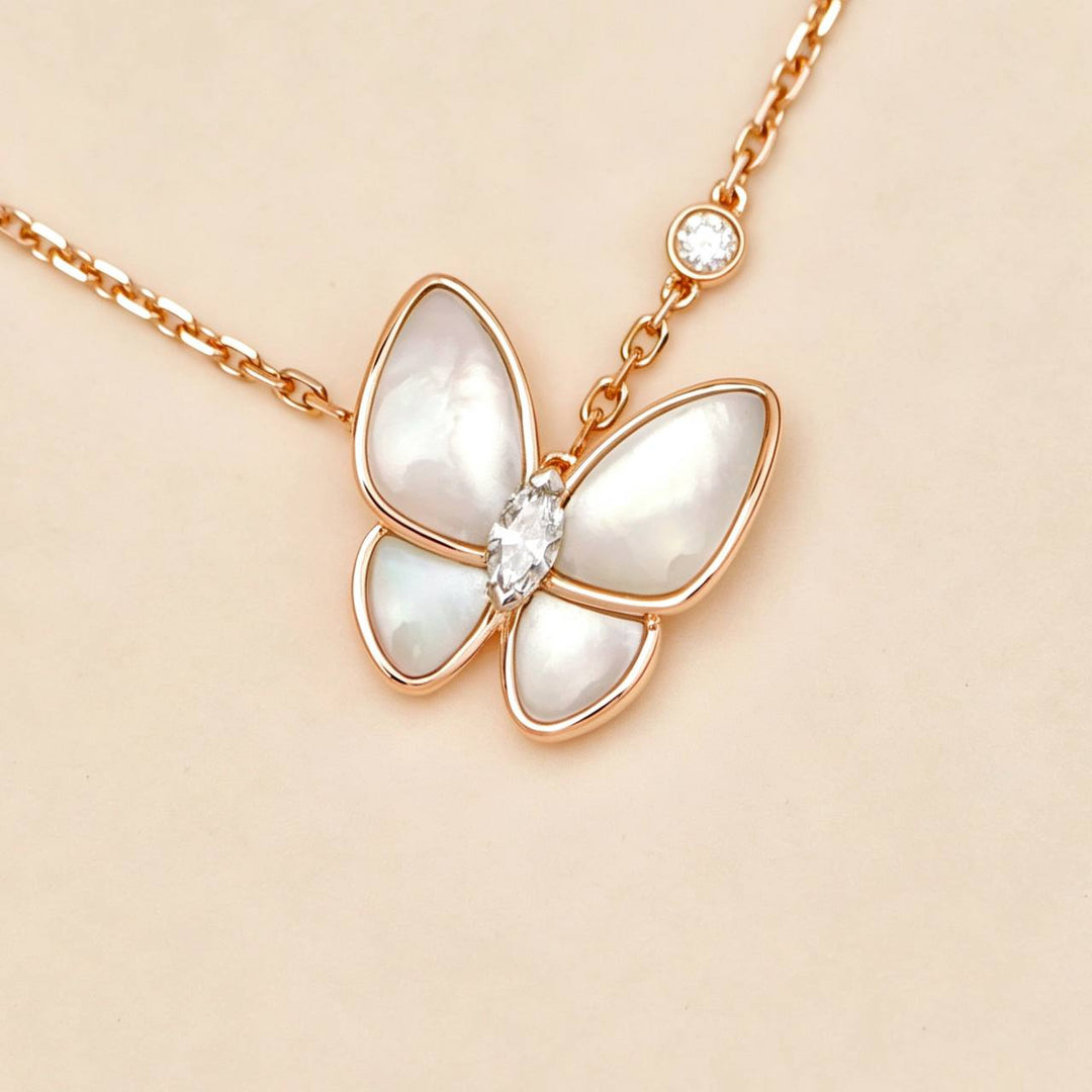 Second Hand Authentic Van Cleef Two Butterfly Pendant Diamond Mother of Pearl