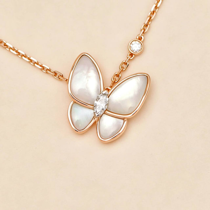 Second Hand Authentic Van Cleef Two Butterfly Pendant Diamond Mother of Pearl
