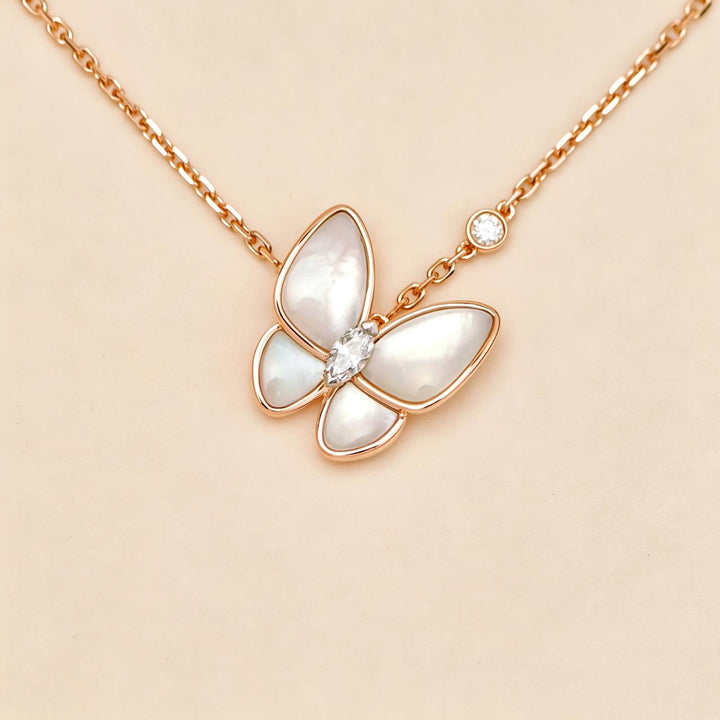 Authentic VCA Two Butterfly Pendant Diamond Mother of Pearl