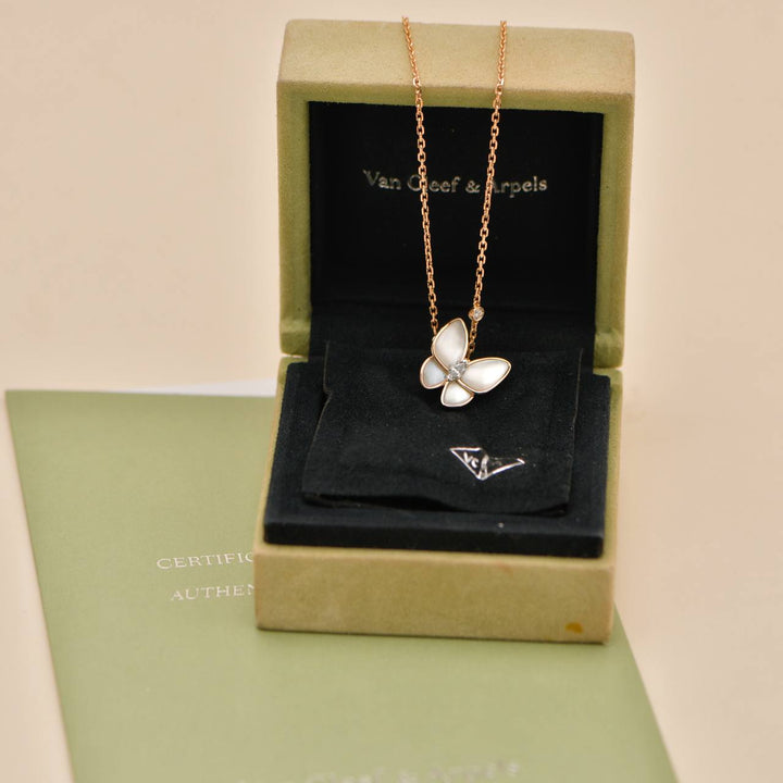 Preowned Authentic Van Cleef & Arpels Two Butterfly Pendant Diamond Mother of Pearl