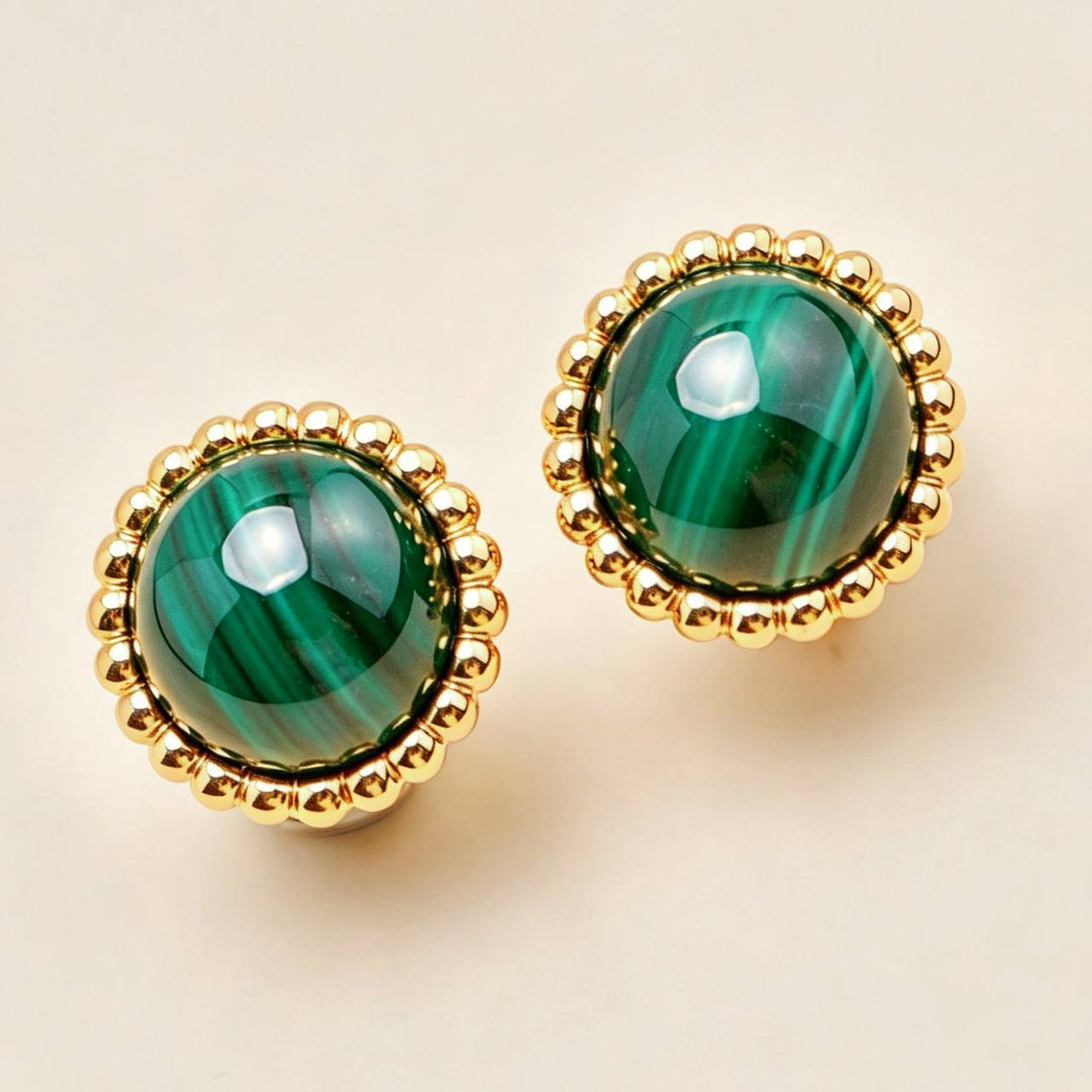 Preloved Authentic VCA Perlée Couleurs Malachite Earrings 18K Yellow Gold