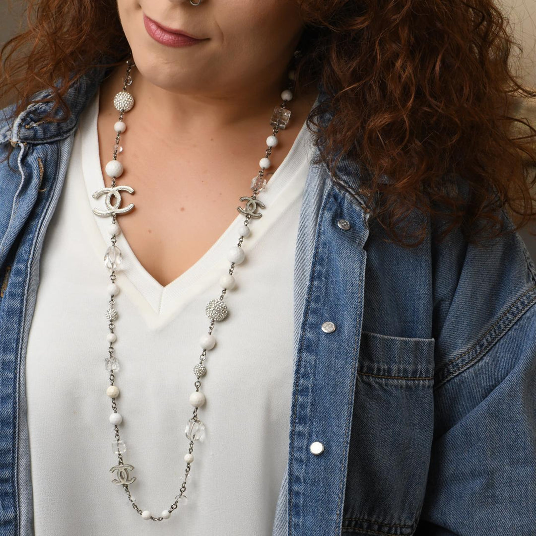 Second Hand Authentic Chanel CC Crystal Pearl & Cube Long Necklace