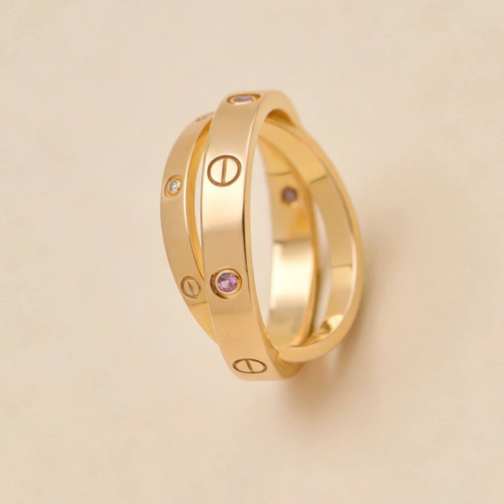 Preowned Authentic Cartier Love Double Ring Diamond Pink Sapphire 18K Rose Gold 