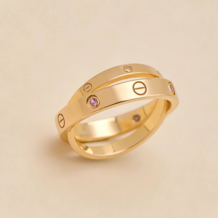 Second Hand Authentic Cartier Love Double Ring Diamond Pink Sapphire 18K Rose Gold 