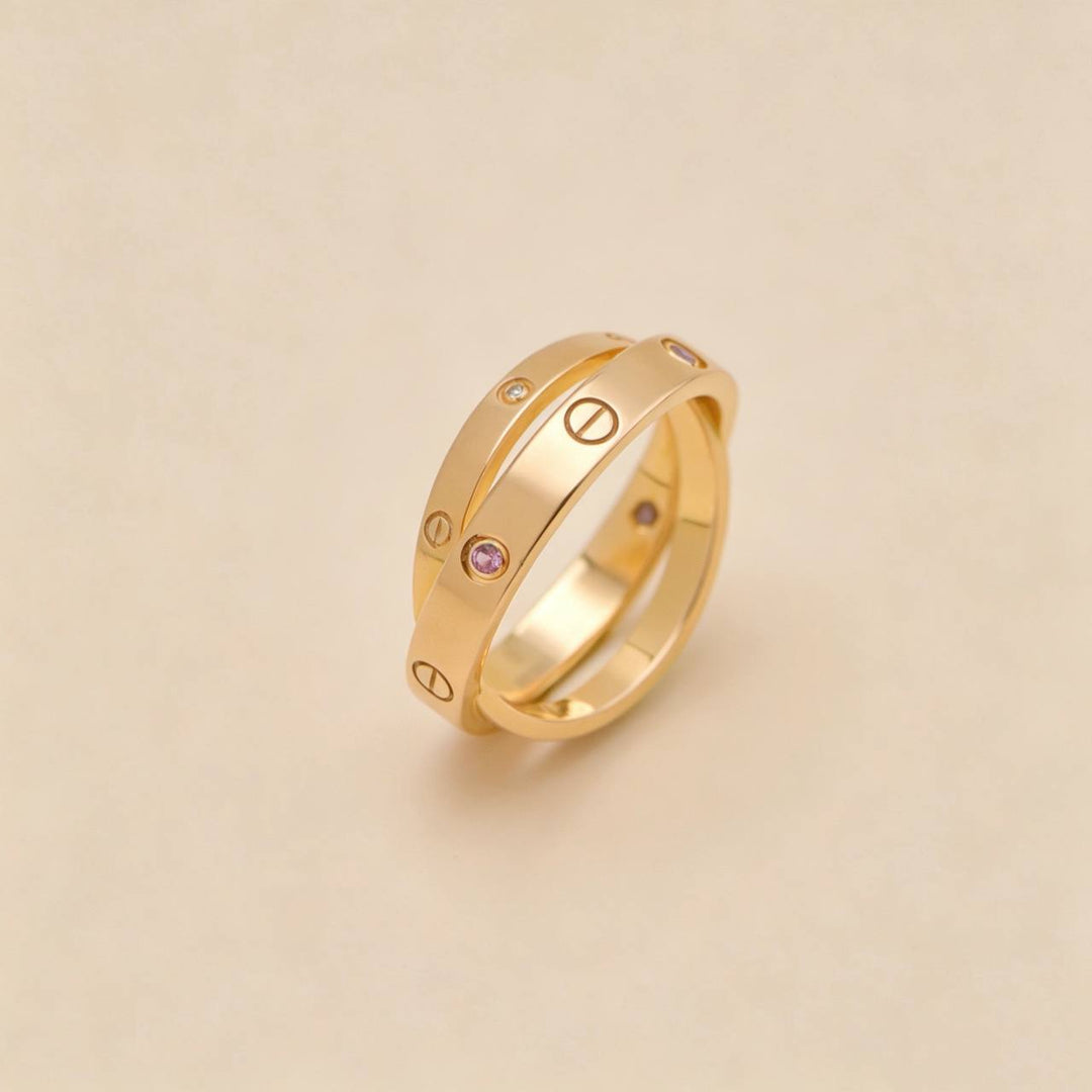 Authentic Cartier Love Double Ring Diamond Pink Sapphire 18K Rose Gold 