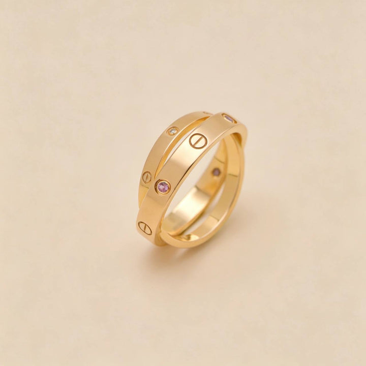 Authentic Cartier Love Double Ring Diamond Pink Sapphire 18K Rose Gold 