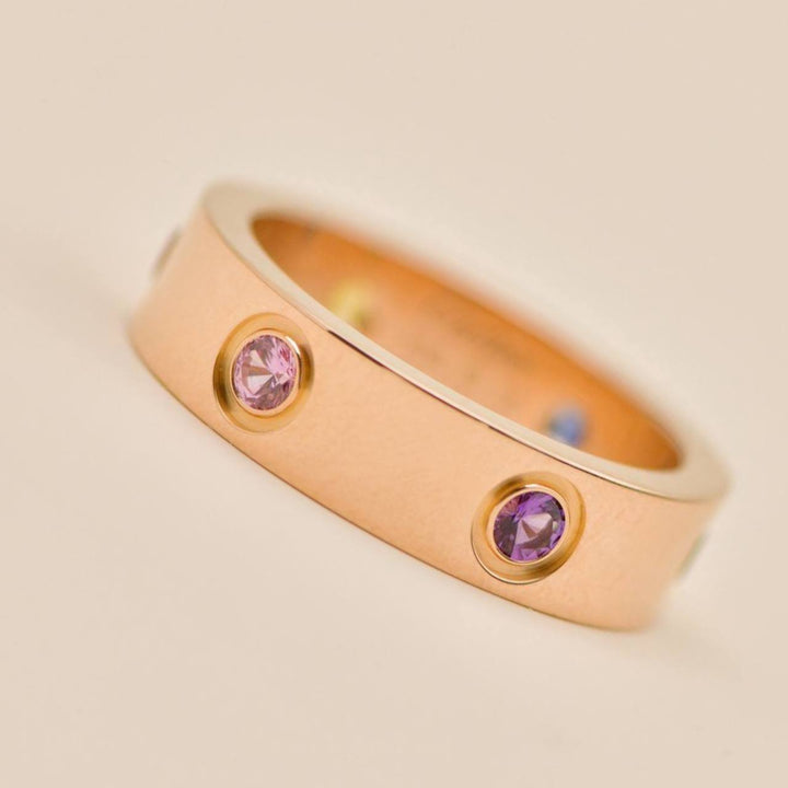 Preowned Authentic Cartier Love Ring Rainbow Multi Gem 18K Rose Gold