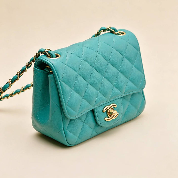 Second Hand Authentic Chanel Classic Mini Square Flap Bag Grained Caviar Turquoise
