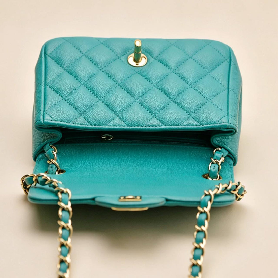 Authentic Chanel Classic Mini Square Flap Bag Grained Caviar Turquoise