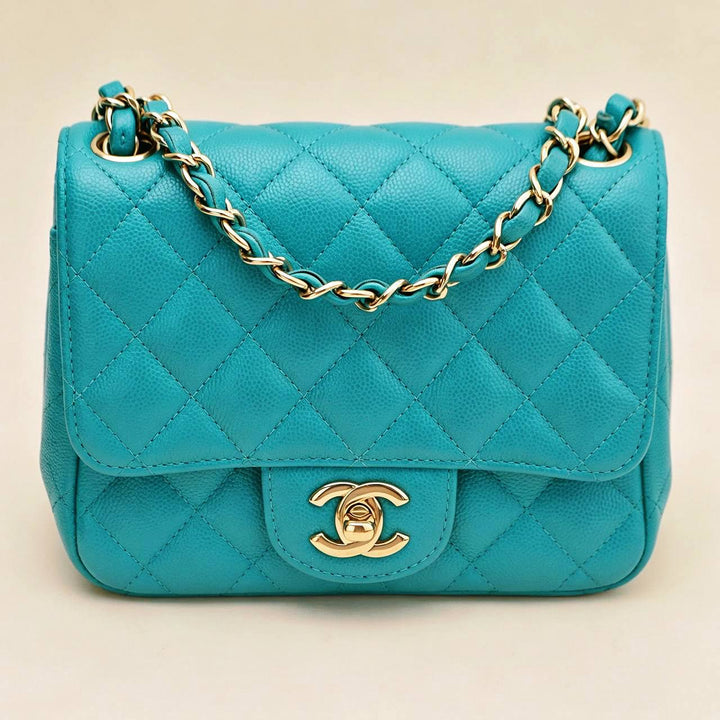 Authentic Preowned Chanel Classic Mini Square Flap Bag Grained Caviar Turquoise