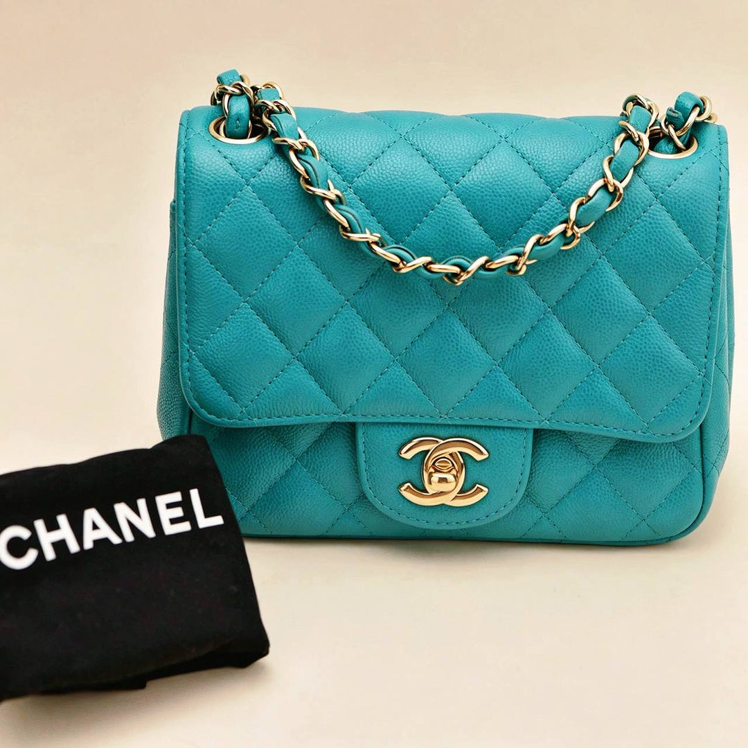 Preowned Authentic Chanel Classic Mini Square Flap Bag Grained Caviar Turquoise