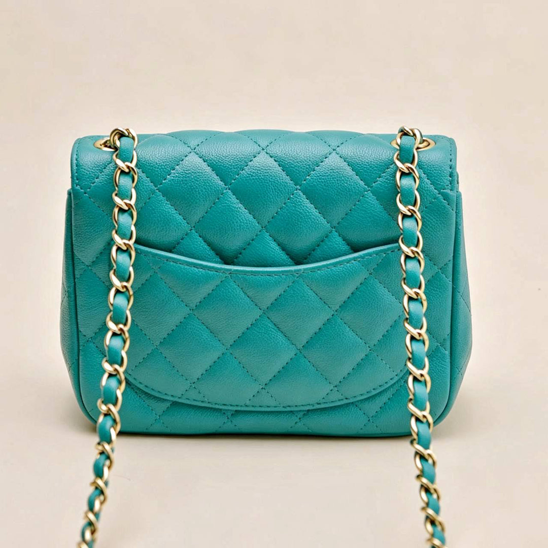 Preloved Chanel Classic Mini Square Flap Bag Grained Caviar Turquoise