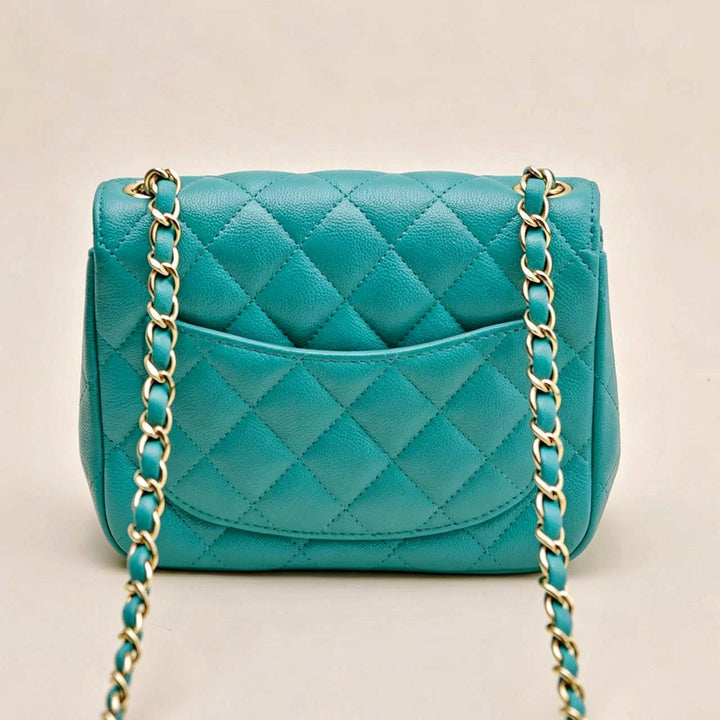 Preloved Chanel Classic Mini Square Flap Bag Grained Caviar Turquoise