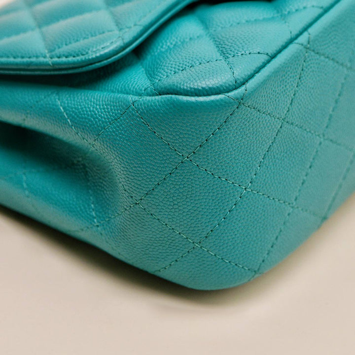Second Hand Chanel Classic Mini Square Flap Bag Grained Caviar Turquoise