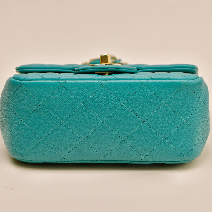 Preowned Chanel Classic Mini Square Flap Bag Grained Caviar Turquoise