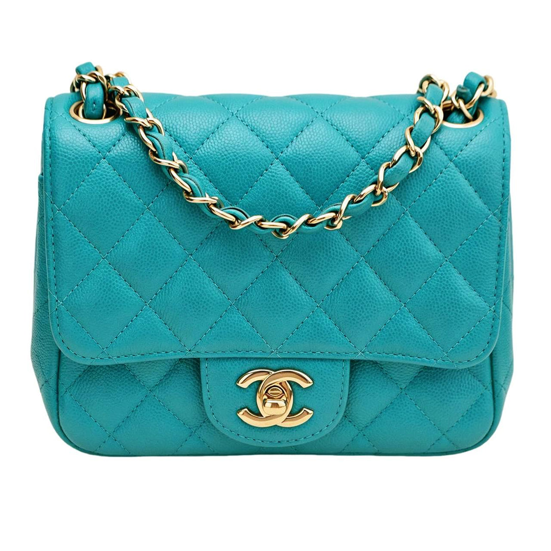 Preloved Authentic Chanel Classic Mini Square Flap Bag Grained Caviar Turquoise