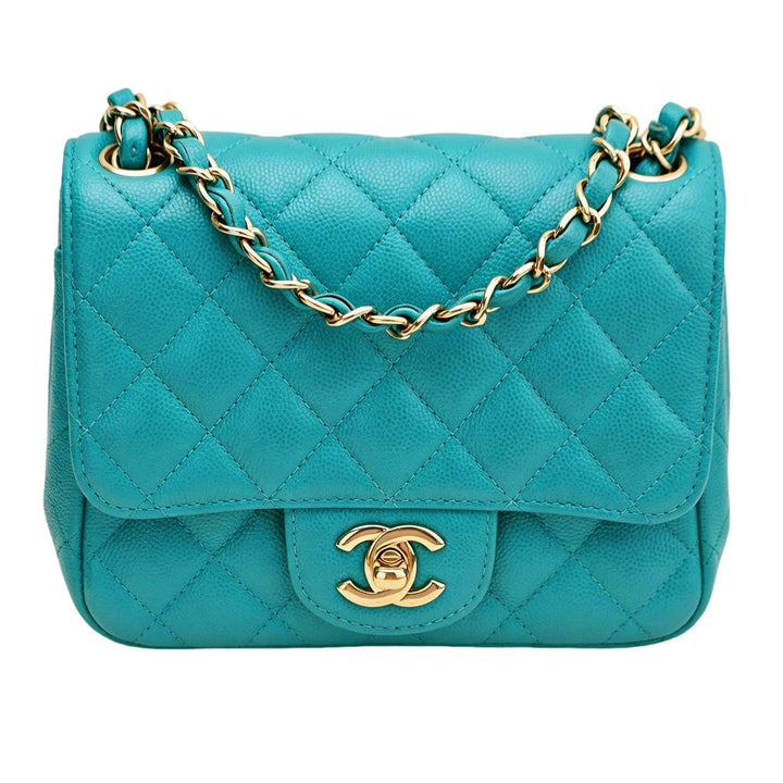 Preloved Authentic Chanel Classic Mini Square Flap Bag Grained Caviar Turquoise