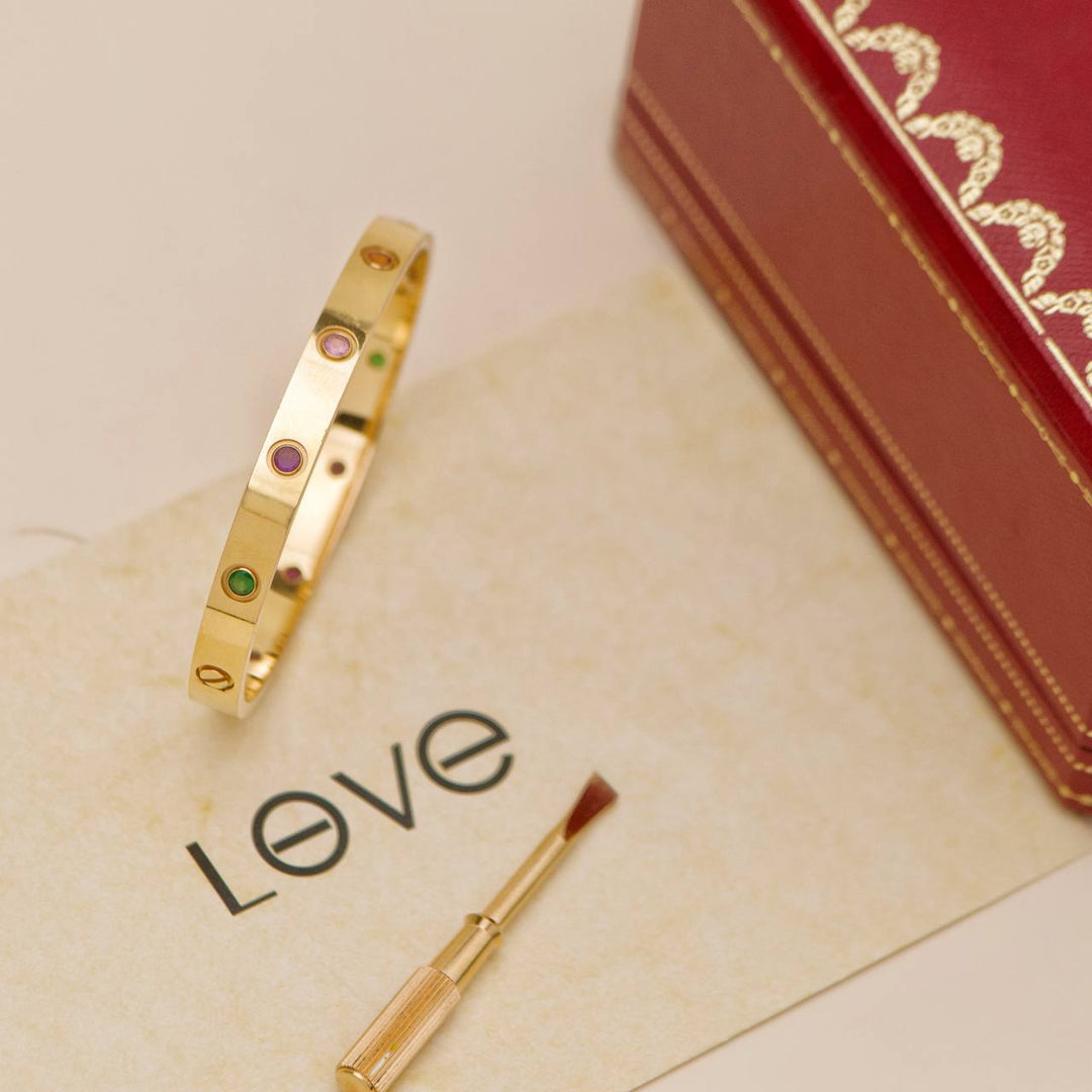Preowned Authentic Cartier Love Bracelet 10 Multi Gem 18K Rose Gold Size 17