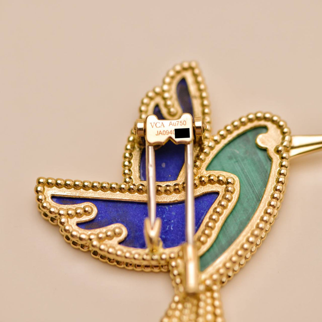 Preloved Van Cleef Lucky Animals Lapis Malachite Humming Bird 18K Yellow Gold Brooch