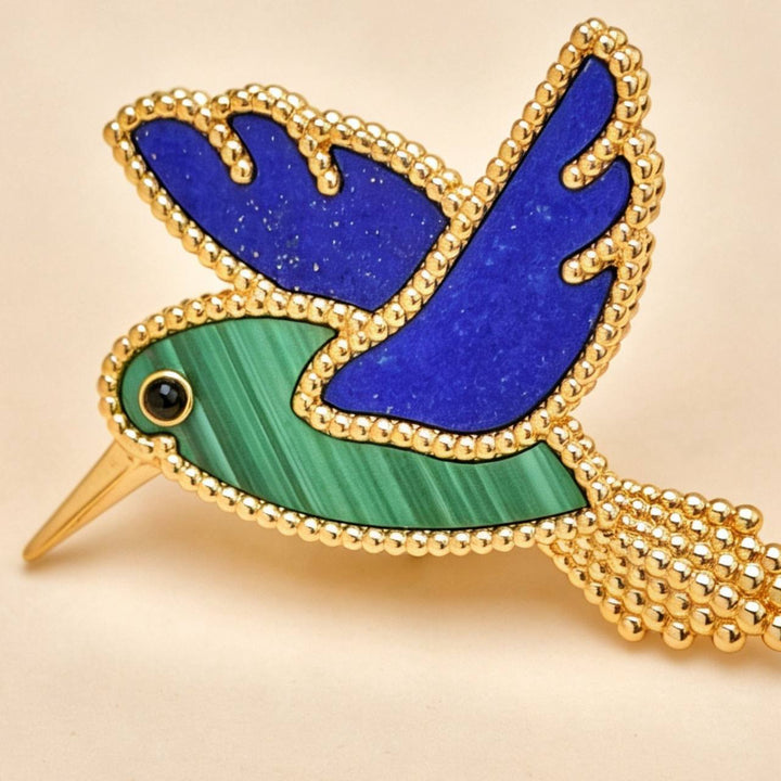 Preowned Van Cleef Lucky Animals Lapis Malachite Humming Bird 18K Yellow Gold Brooch