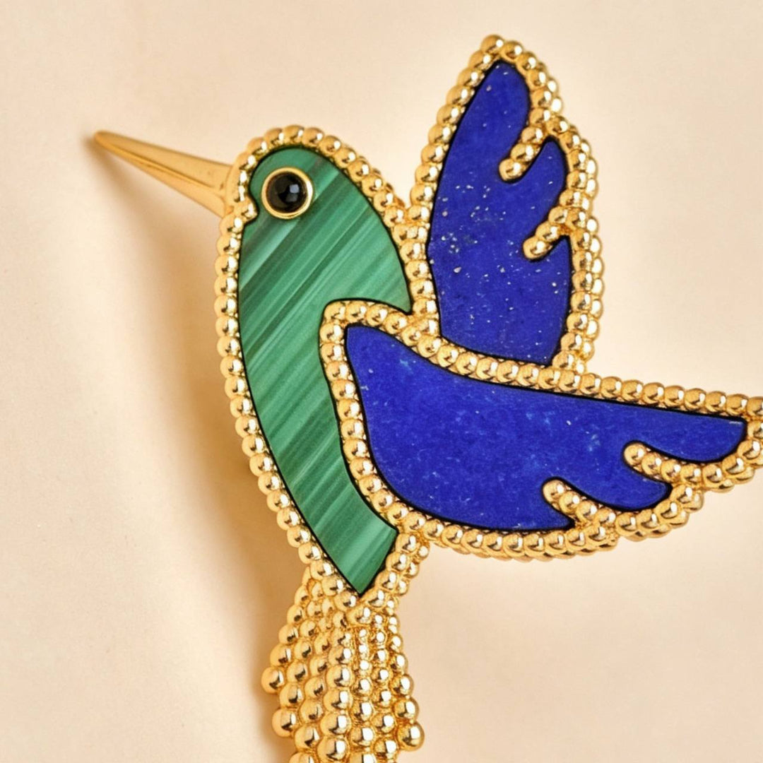 Preloved VCA Lucky Animals Lapis Malachite Humming Bird 18K Yellow Gold Brooch