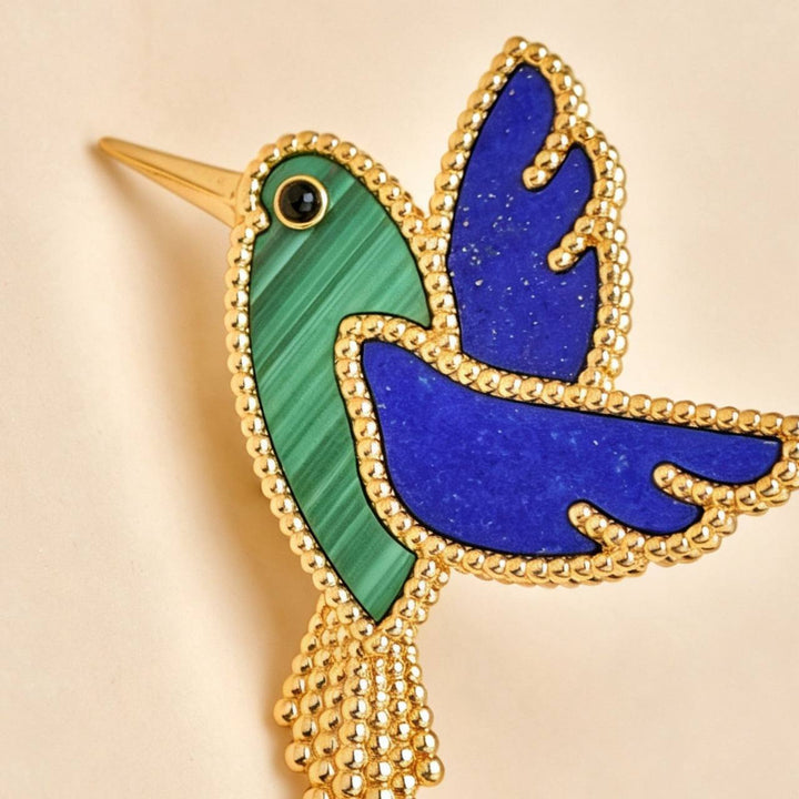 Preloved VCA Lucky Animals Lapis Malachite Humming Bird 18K Yellow Gold Brooch