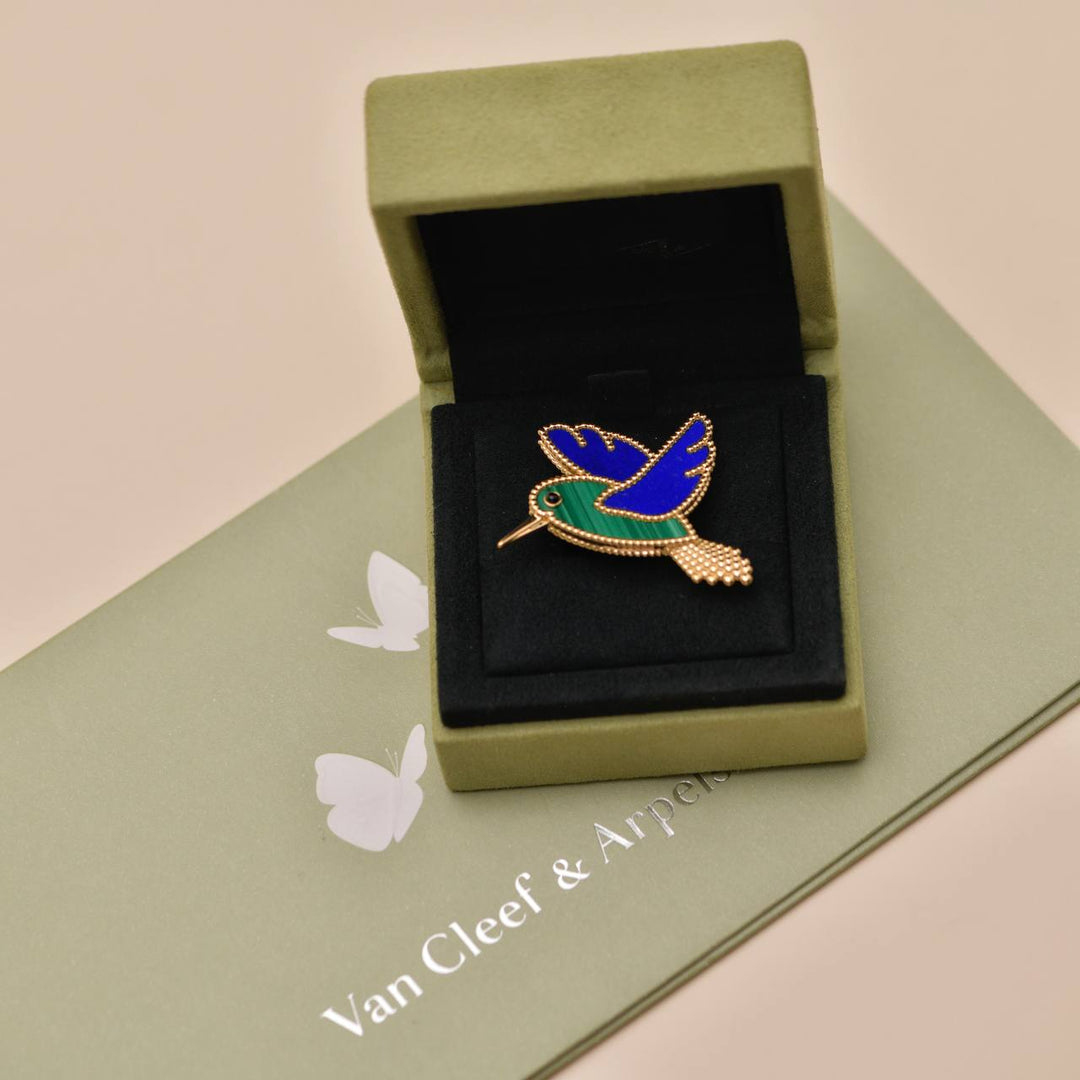 Preowned Authentic Van Cleef & Arpels Lucky Animals Hummingbird Brooch Lapis Malachite