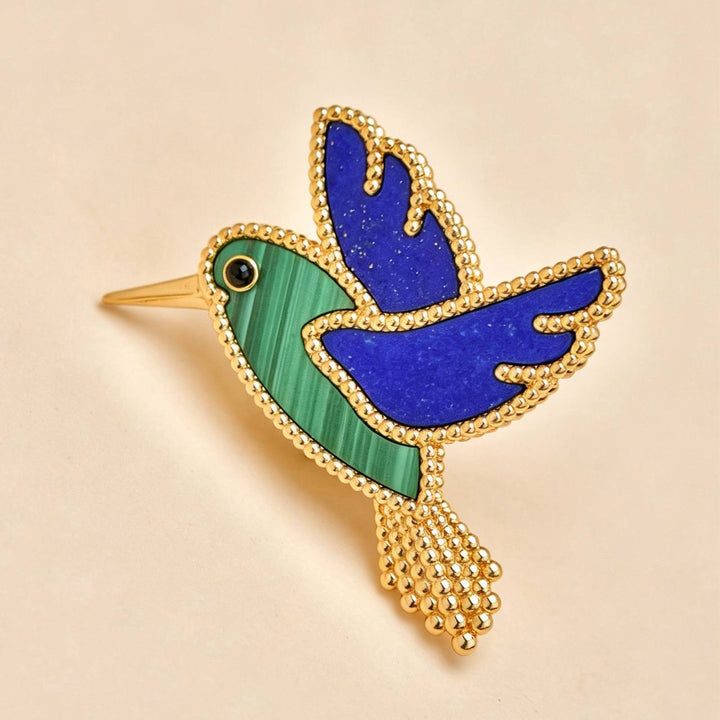 Preowned VCA Lucky Animals Lapis Malachite Humming Bird 18K Yellow Gold Brooch