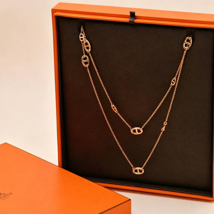 Preowned Authentic Hermès Farandole Sterling Long Necklace 18K Rose Gold 120cm