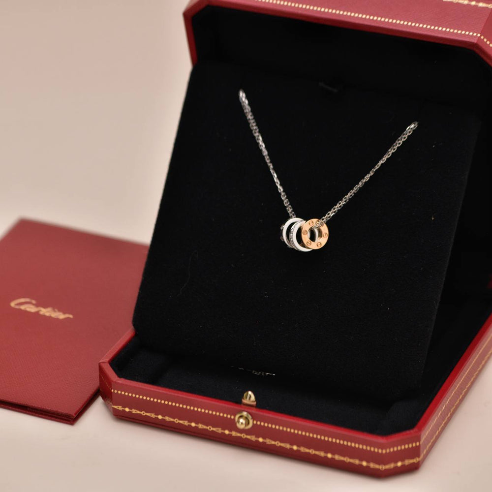 Preowned Authentic Cartier Love Necklace Three Hoop Diamond 18K Rose White Gold
